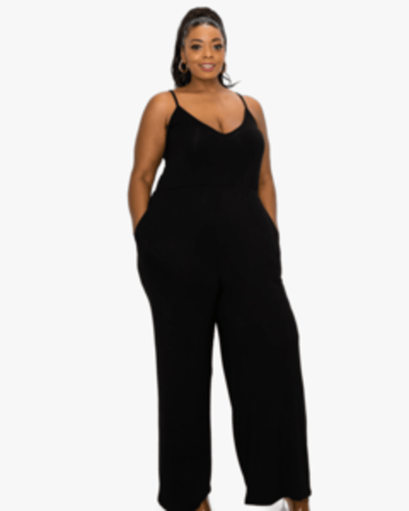 Front of a model wearing a size 1X Norah Wide Legged Jumpsuit in Black by L I V D. | dia_product_style_image_id:240808